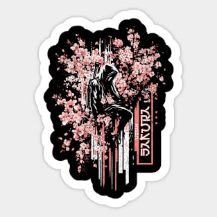 Urban Samurai Among Sakura T-Shirt: Modern Warrior - Cherry Blossom Tee Sticker